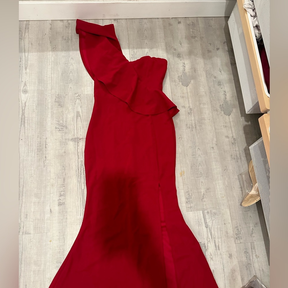 Vibrant Red Slit dress with ruffle detail